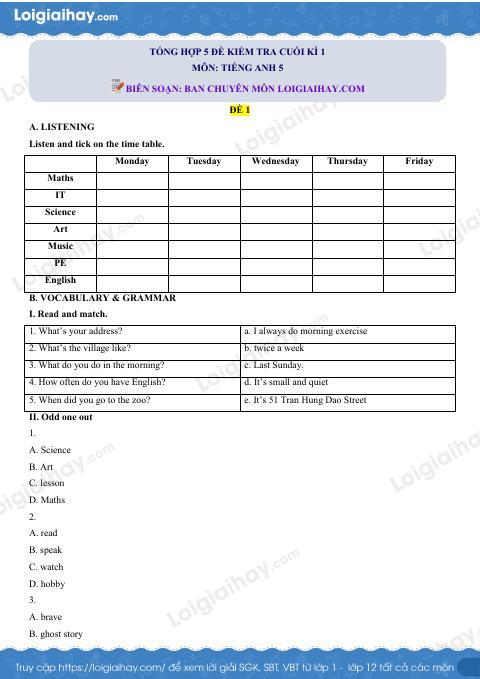 5 đề thi học kì 1 Tiếng Anh 5 mới có đáp án và lời giải chi tiết